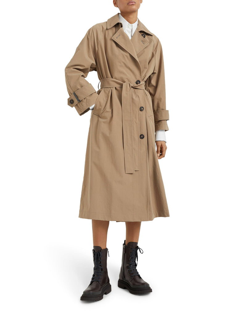 Techno canvas trench coat with shiny details on the cuffs