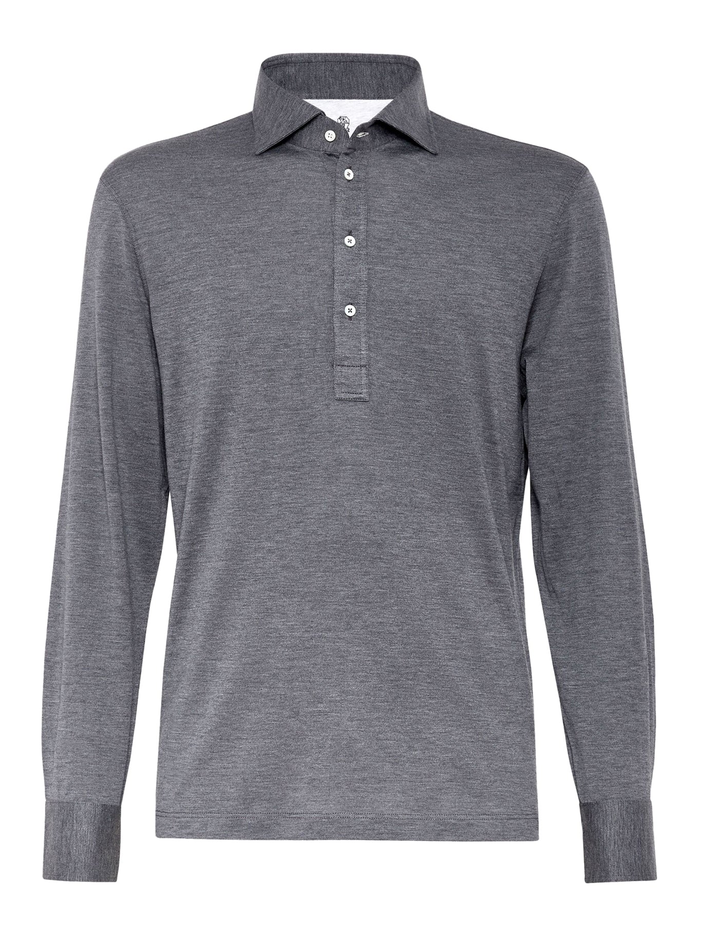 Long-sleeved polo shirt in light silk and cotton jersey with shirt collar