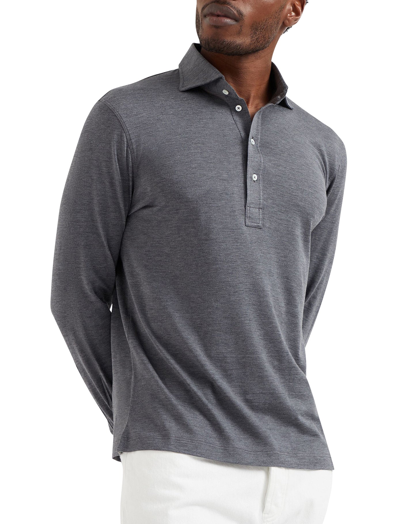 Long-sleeved polo shirt in light silk and cotton jersey with shirt collar