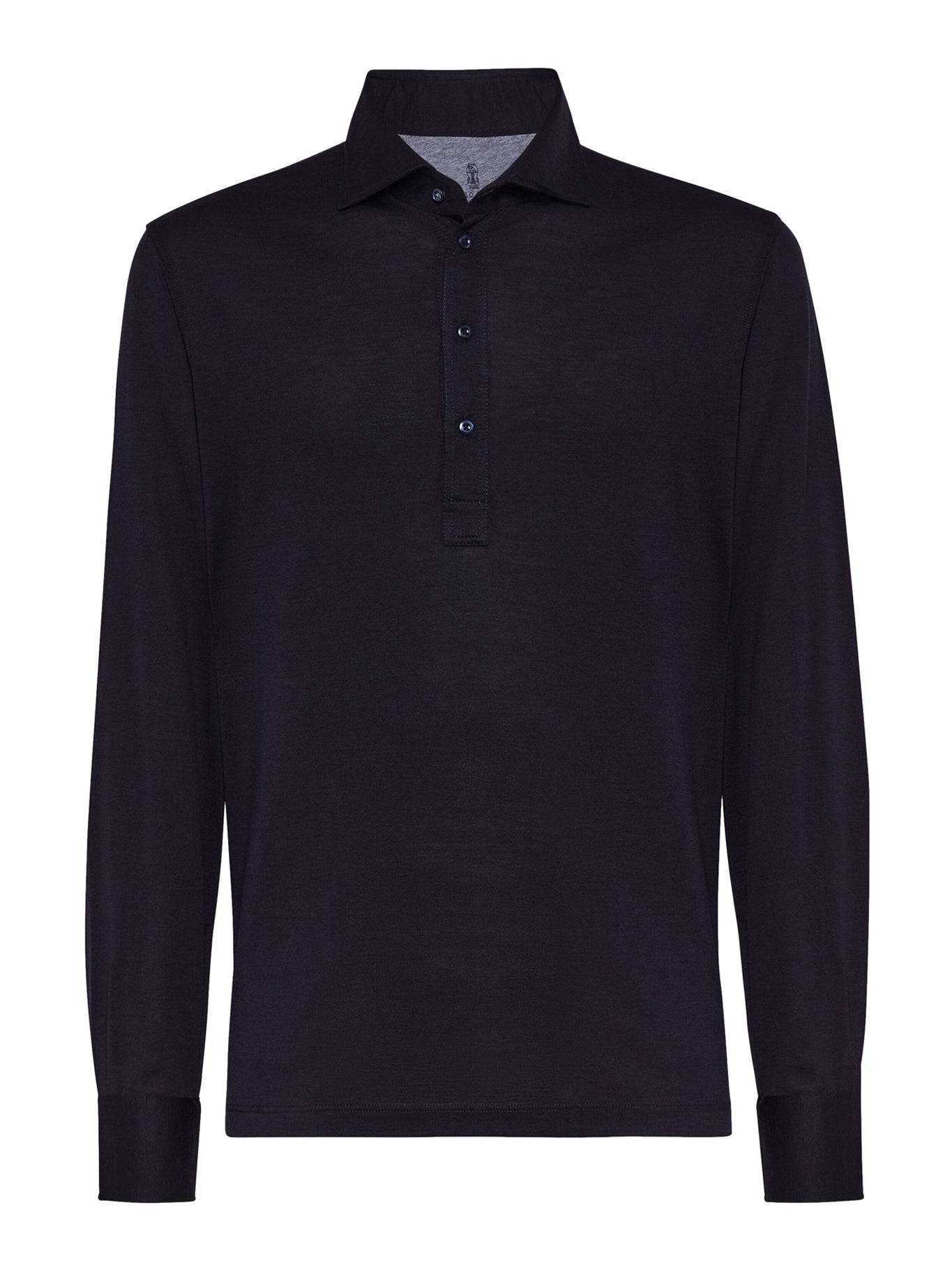 Long-sleeved polo shirt in light silk and cotton jersey with shirt collar