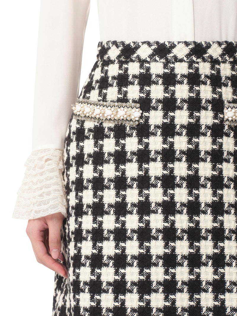 EMBROIDERED DAMIER LIGHT TWEED SKIRT