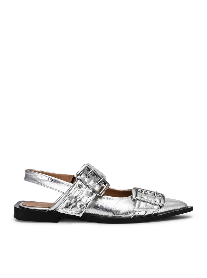 SILVER METALLIC FEMININE BUCKLE BALLERINAS