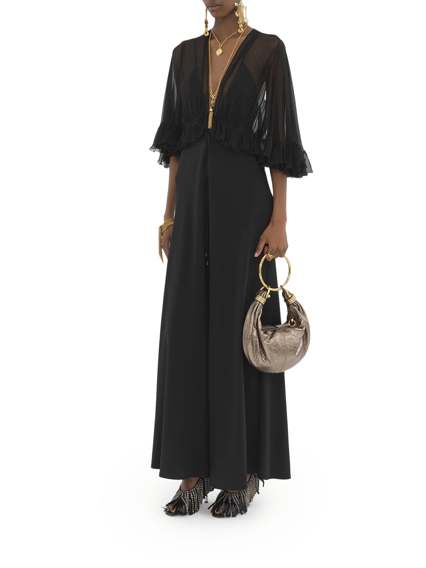 LONG DRESS WITH V-NECK IN SATIN CREPE