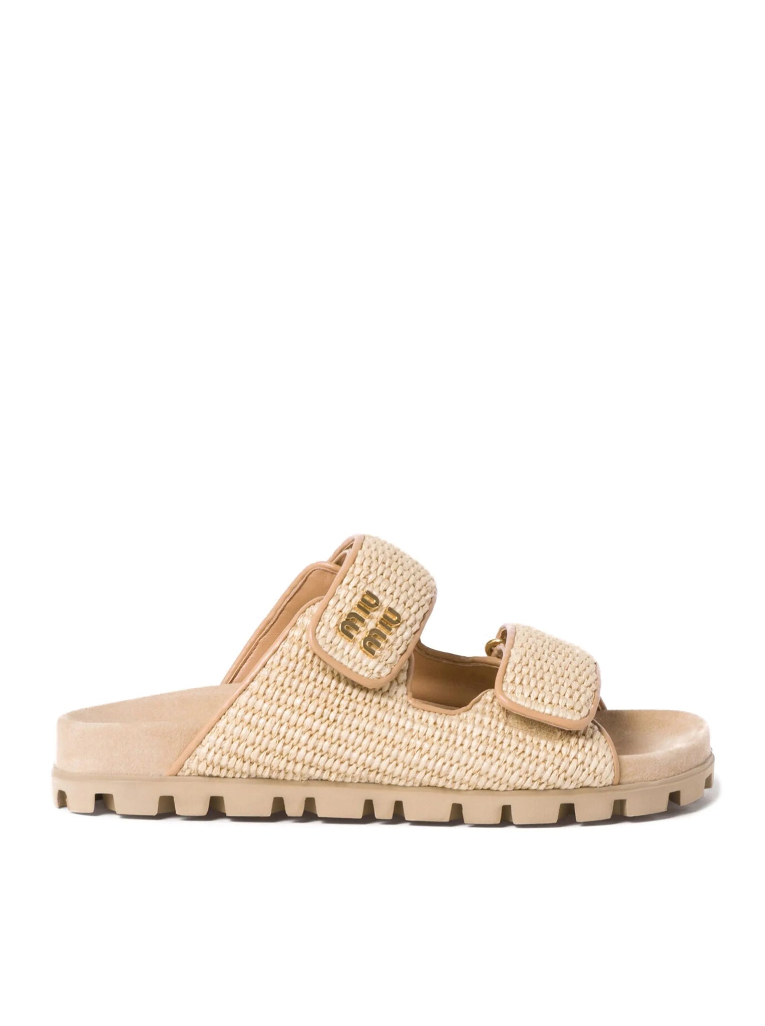 MIUMIU GOLD LOGO RAFFIA SANDALS