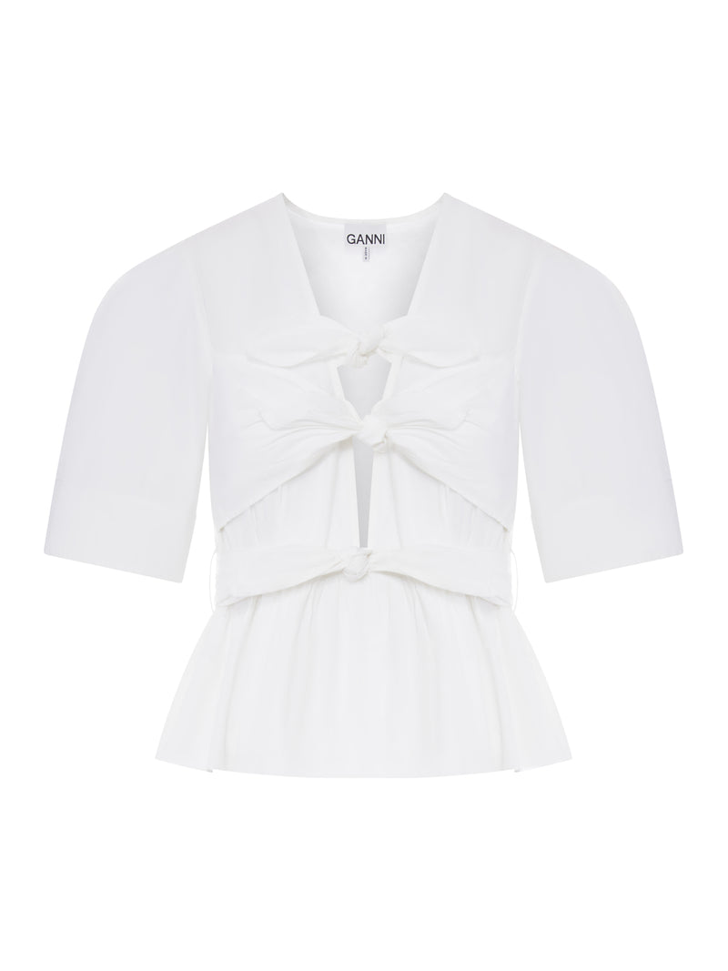 WHITE WASHED STRETCH COTTON TIE STRAP BLOUSE