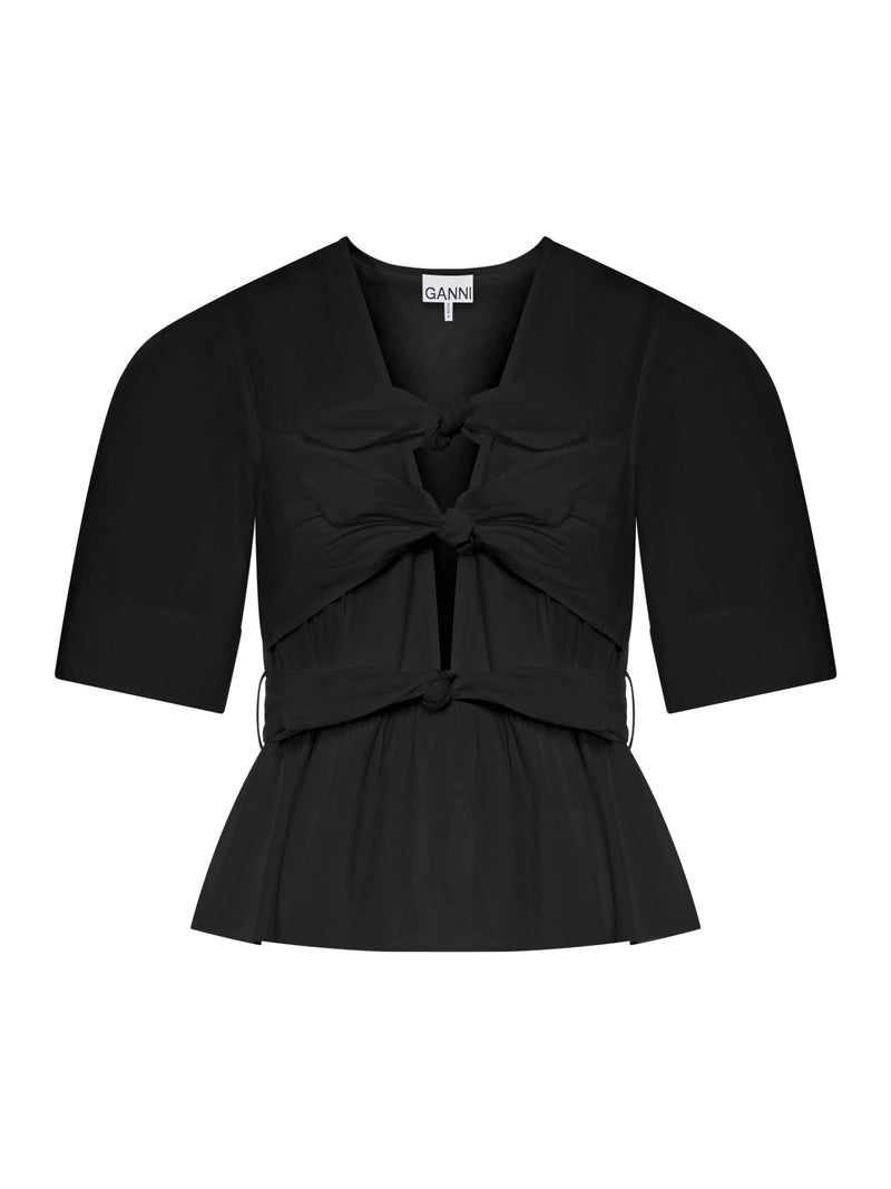 BLACK STRETCH COTTON TIE STRAP BLOUSE