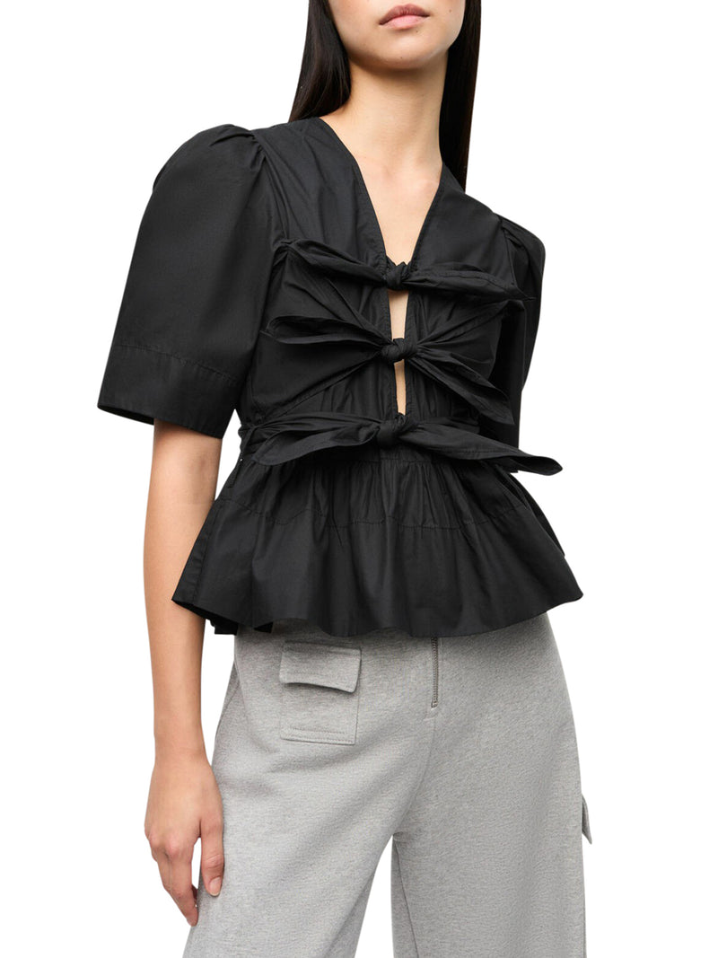 BLACK STRETCH COTTON TIE STRAP BLOUSE