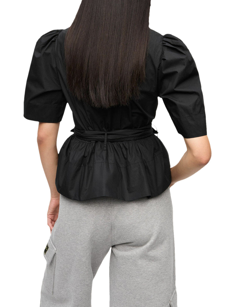 BLACK STRETCH COTTON TIE STRAP BLOUSE