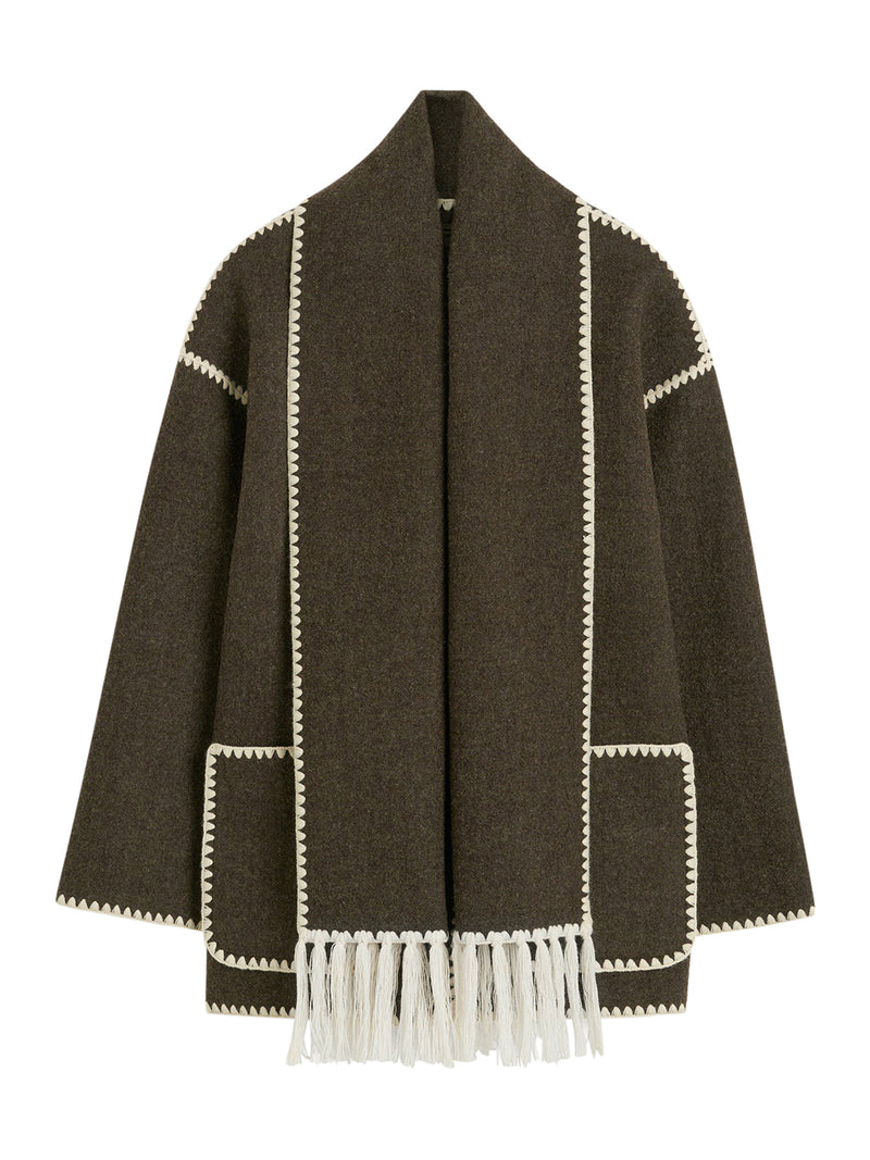 EMBROIDERED SCARF JACKET CHOCOLATE MELANGE