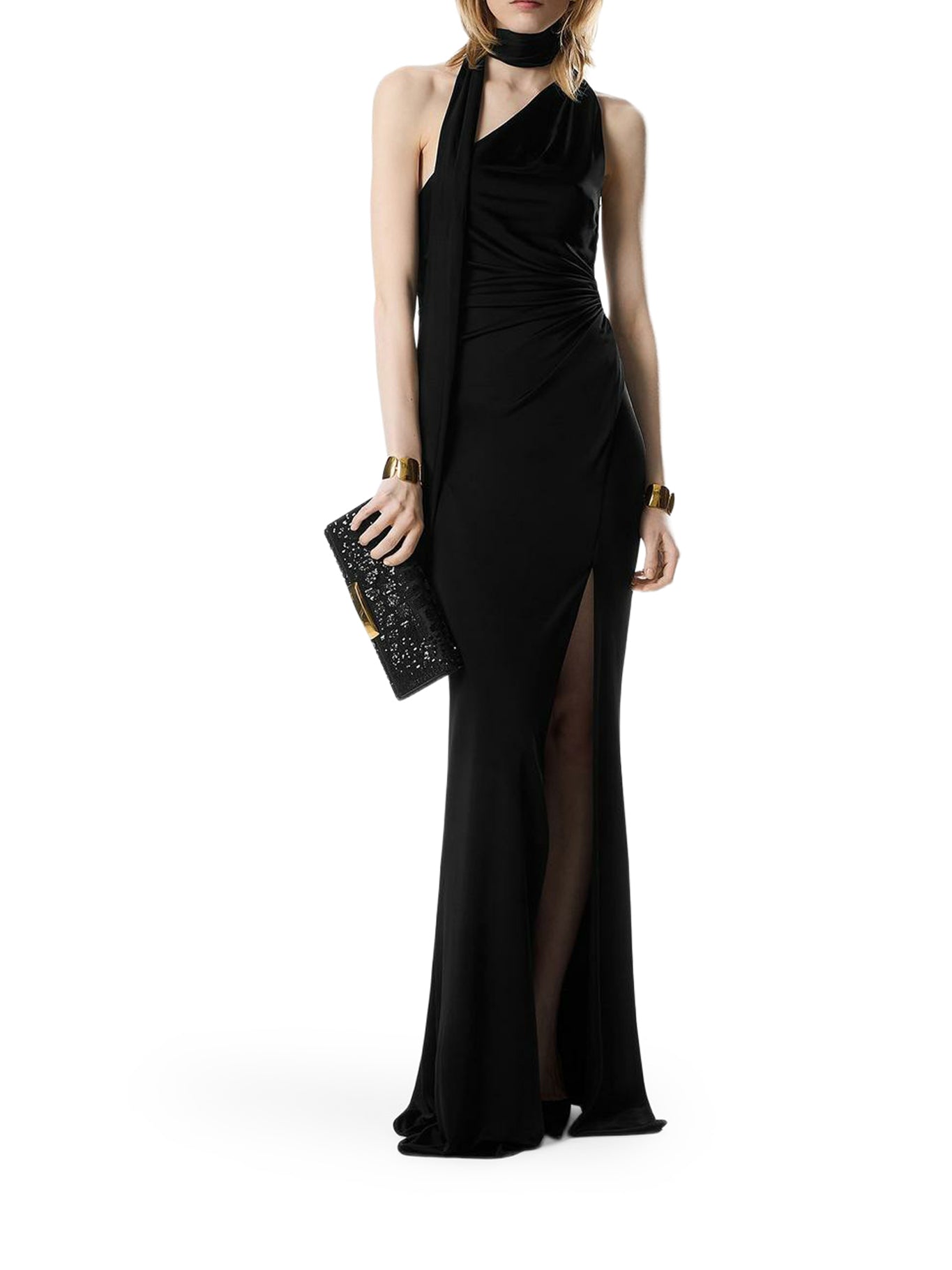 ONE SHOULDER EVENING DRESS WITH SCARF
