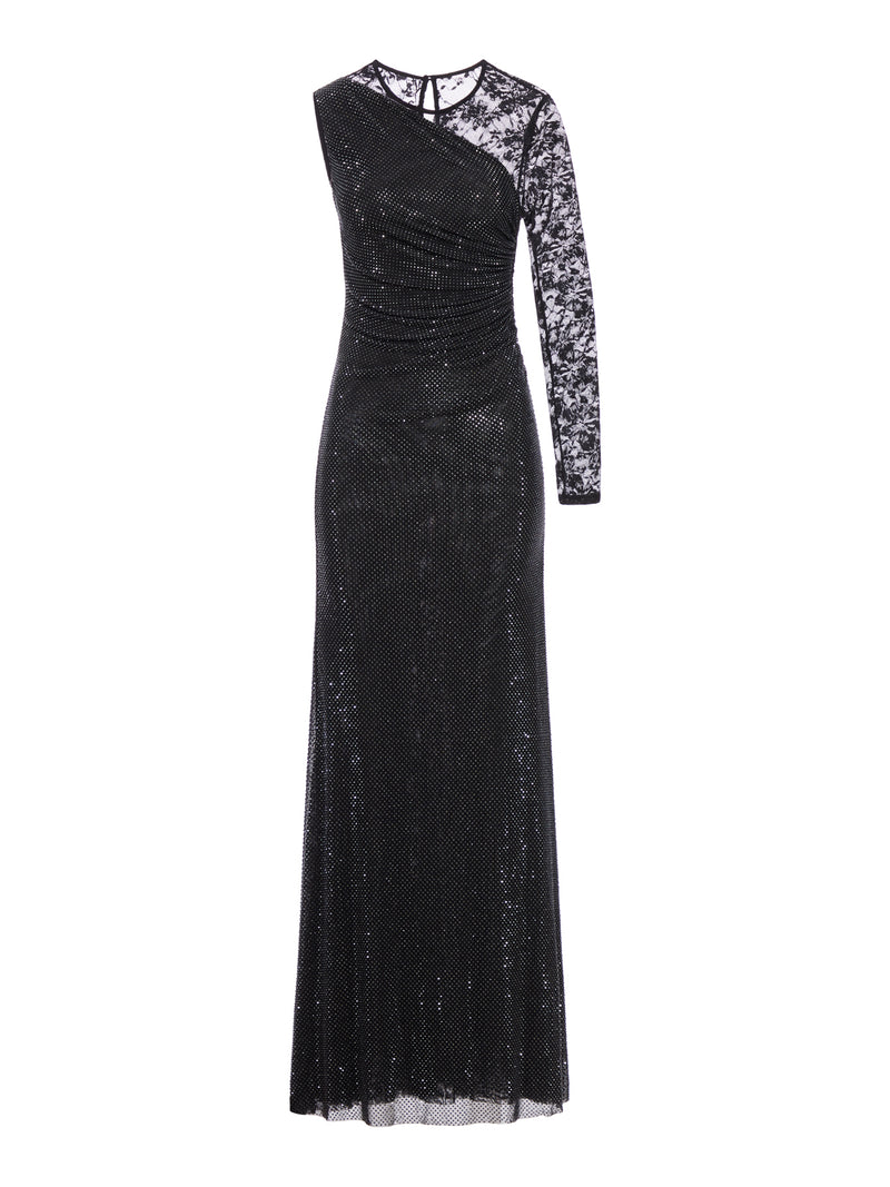 DRESS WITH RHINESTONE AND LACE SLEEVES