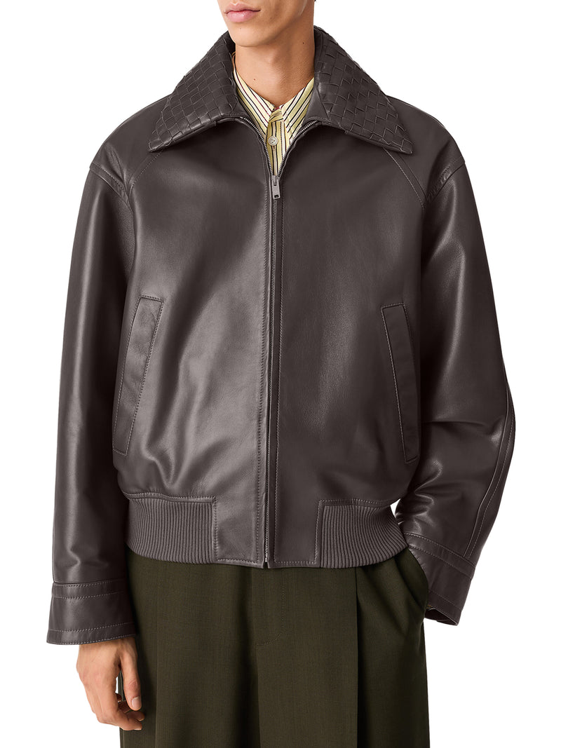 LEATHER JACKET WITH WOVEN COLLAR – Suit Negozi Row