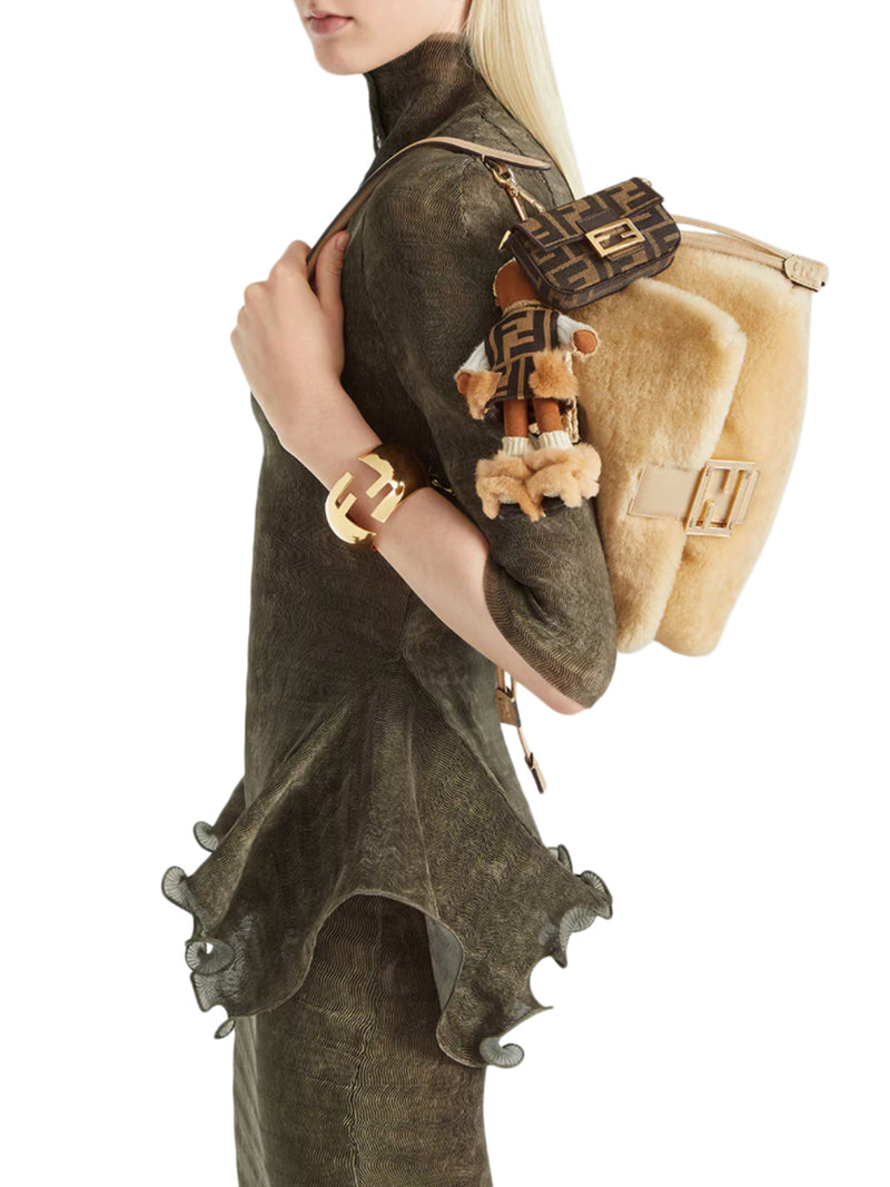 NANO BAGUETTE CHARM CHARM IN BROWN FF JACQUARD FABRIC