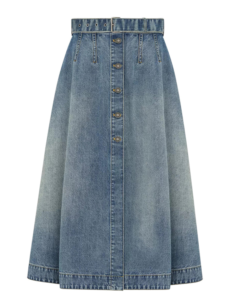 STONEWASHED COTTON DENIM FLARED MIDI SKIRT IN BLUE