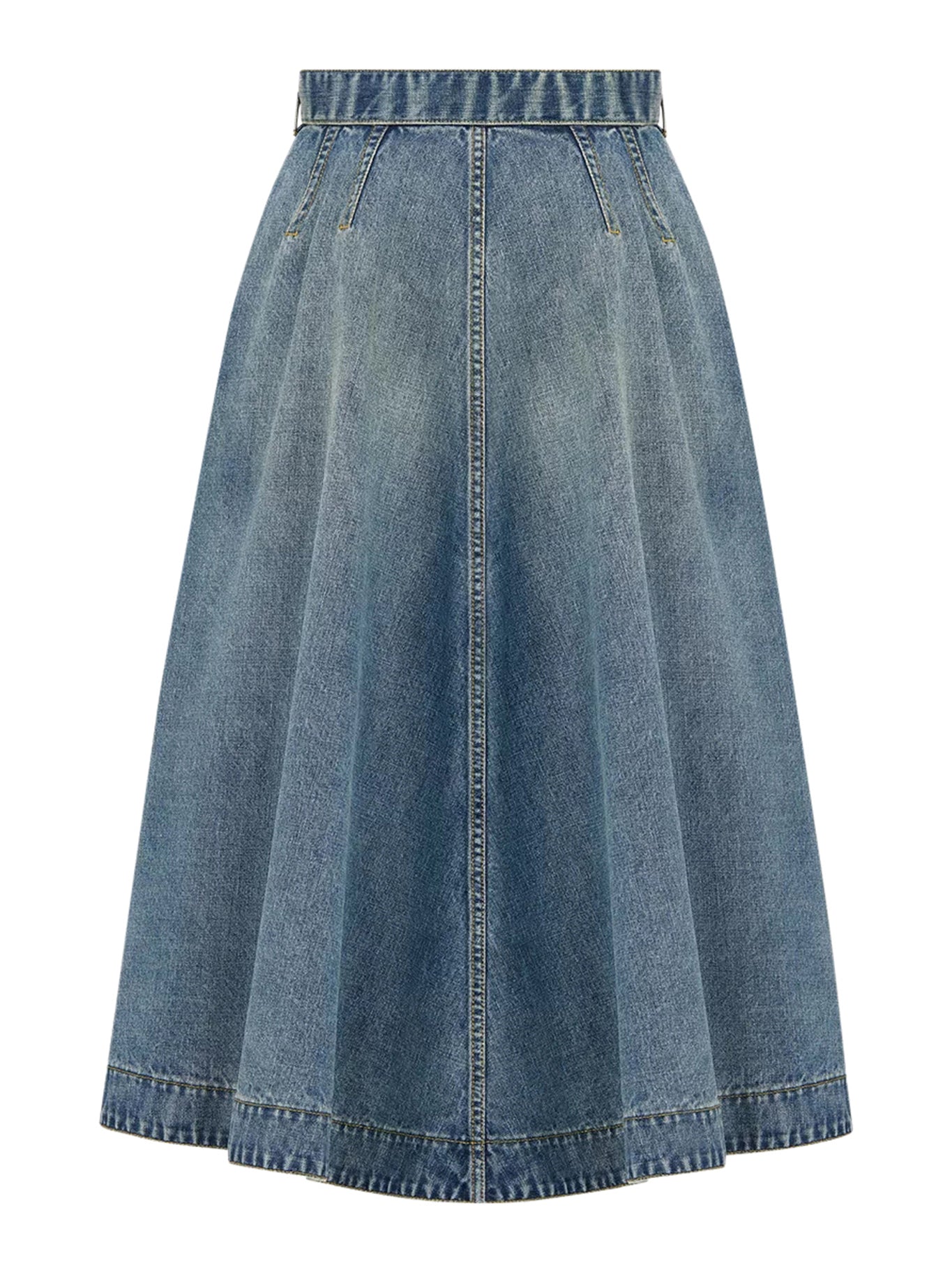 STONEWASHED COTTON DENIM FLARED MIDI SKIRT IN BLUE
