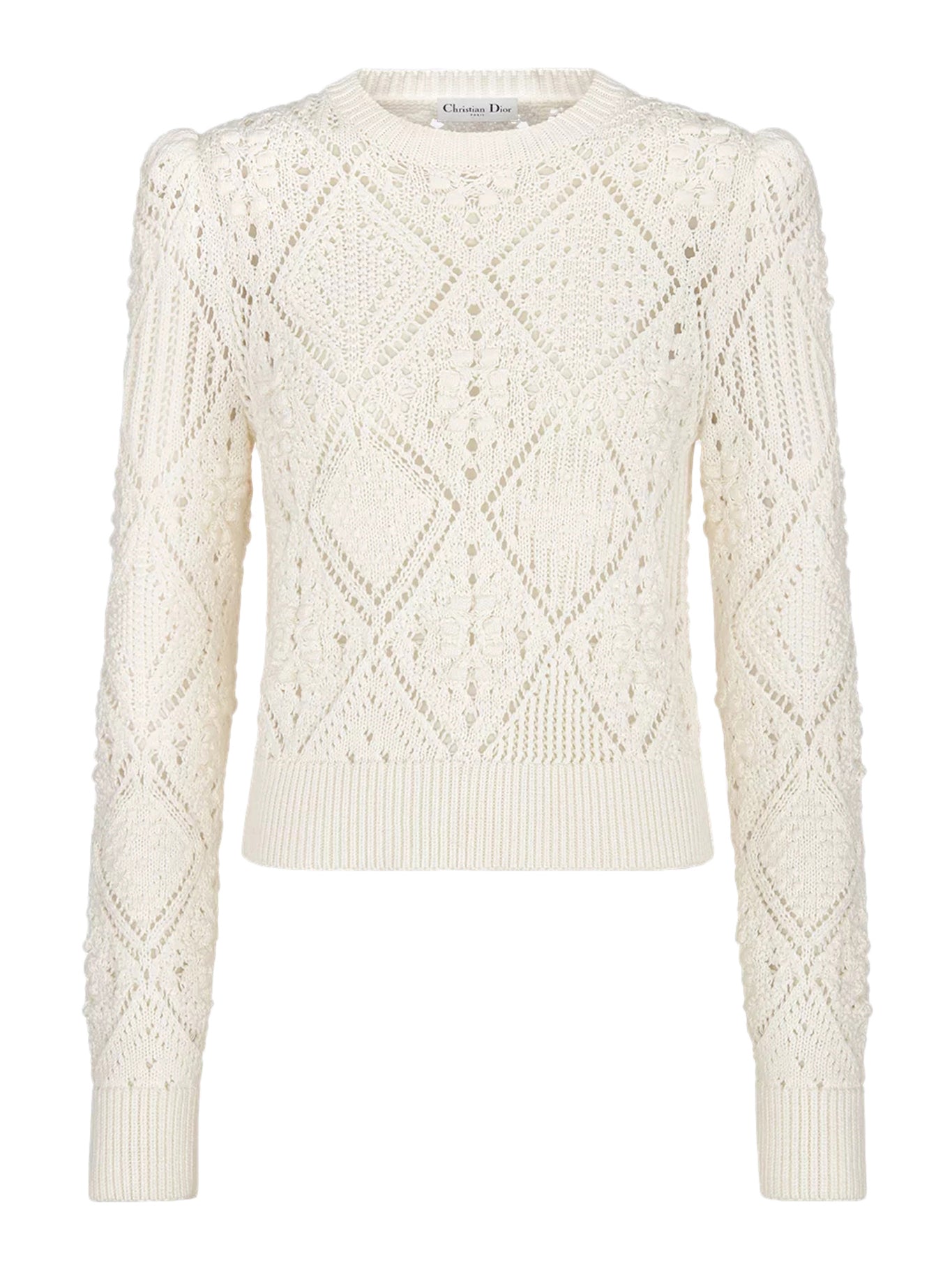 WHITE PERFORATED COTTON KNIT SWEATER