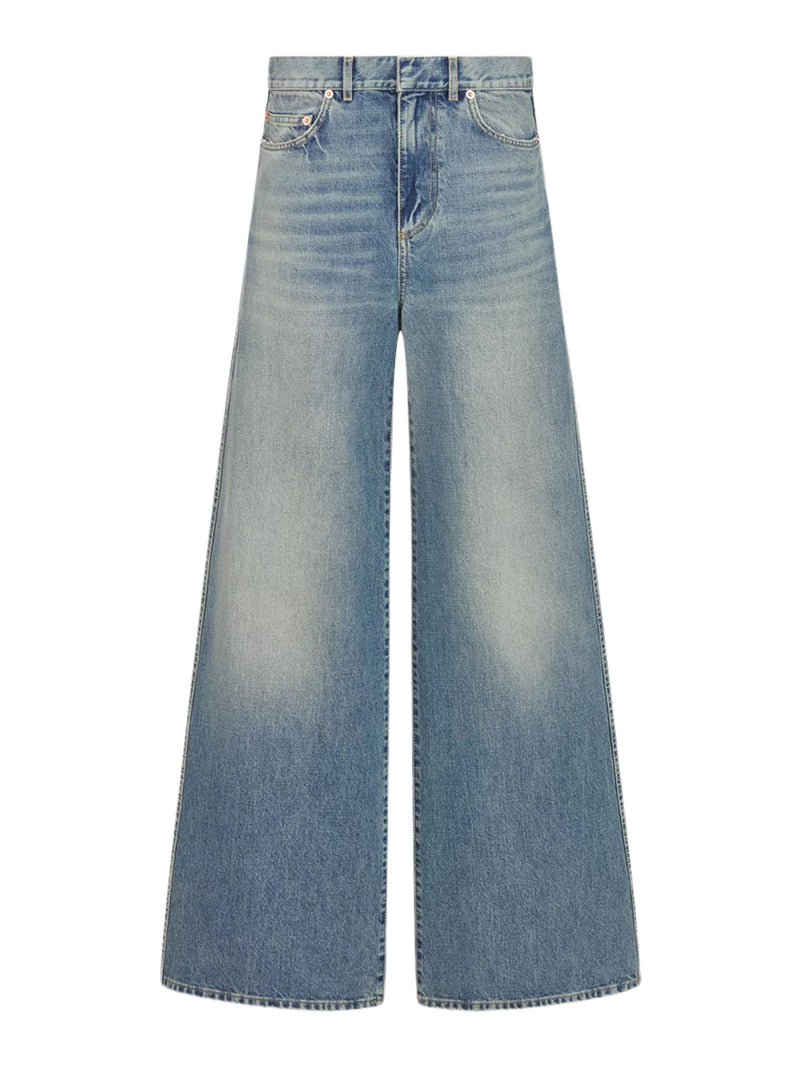 BLUE STONEWASHED COTTON DENIM FLARED JEANS