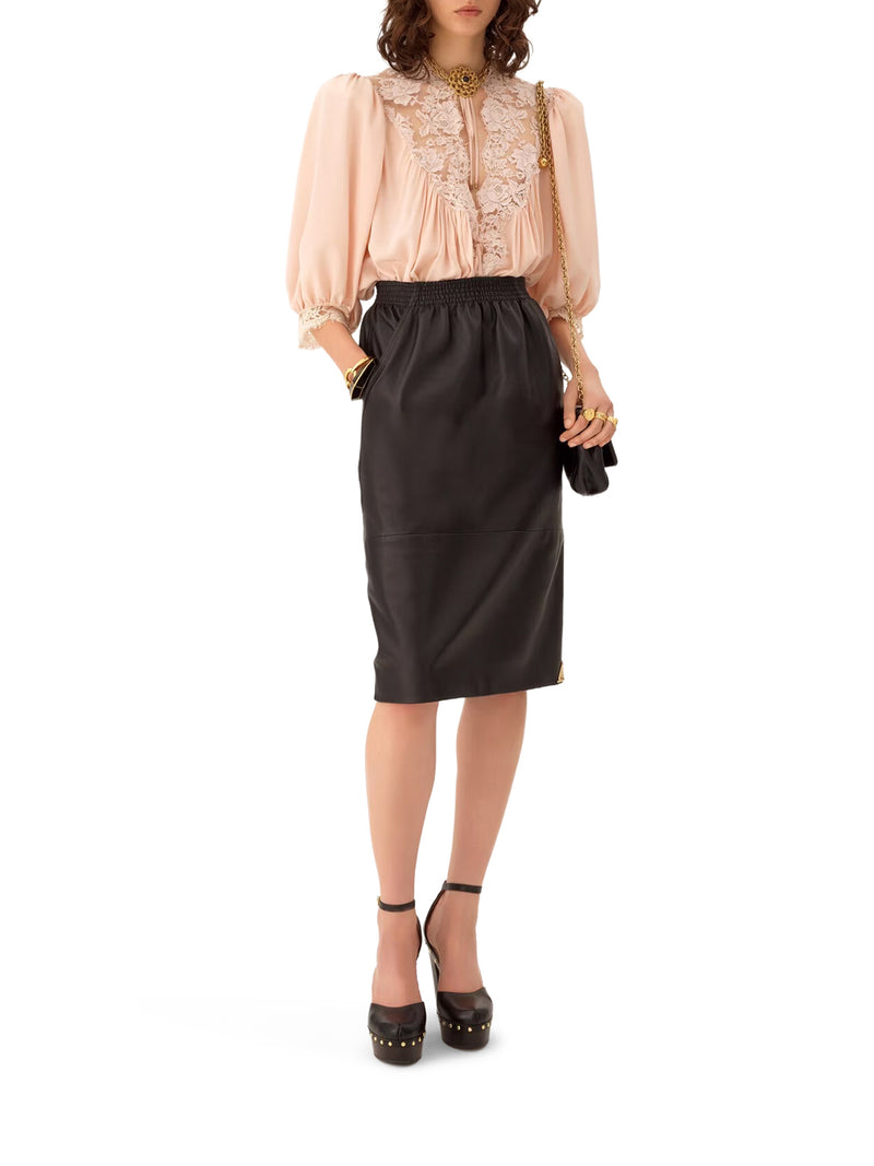 FLUID TOP WITH PUFFED SLEEVES IN CREPE DE CHINE AND LACE