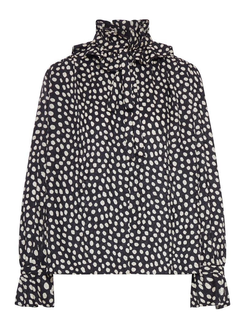 BLOUSE WITH RUFFLES AND RIBBONS ON THE FRONT IN SILK JACQUARD