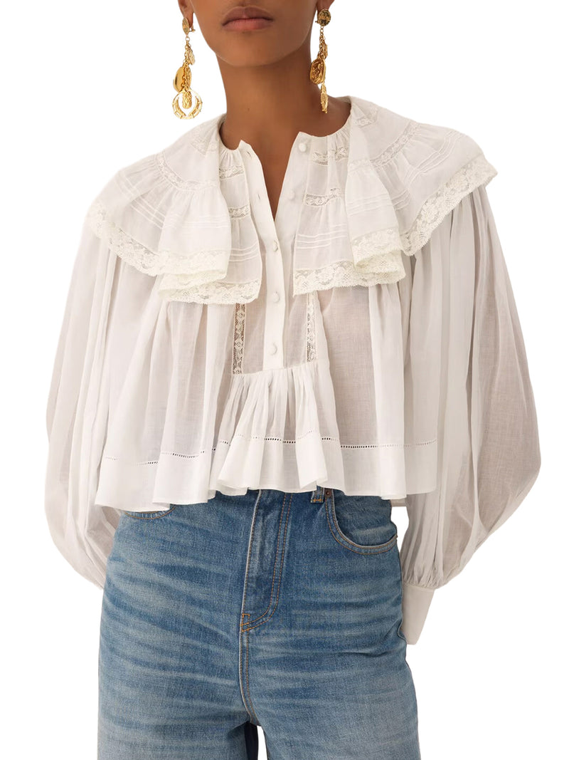 WHITE COTTON BLOUSE WITH RUFFLES AND LACE DETAILS