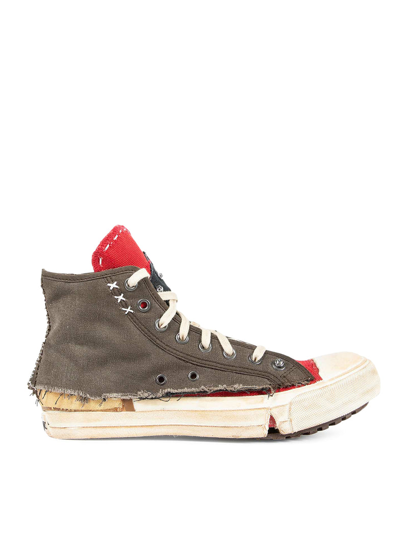 "LOVE TO DEATH" HIGH-TOP CANVAS SNEAKERS WITH DESTRUCTURED DETAILS
