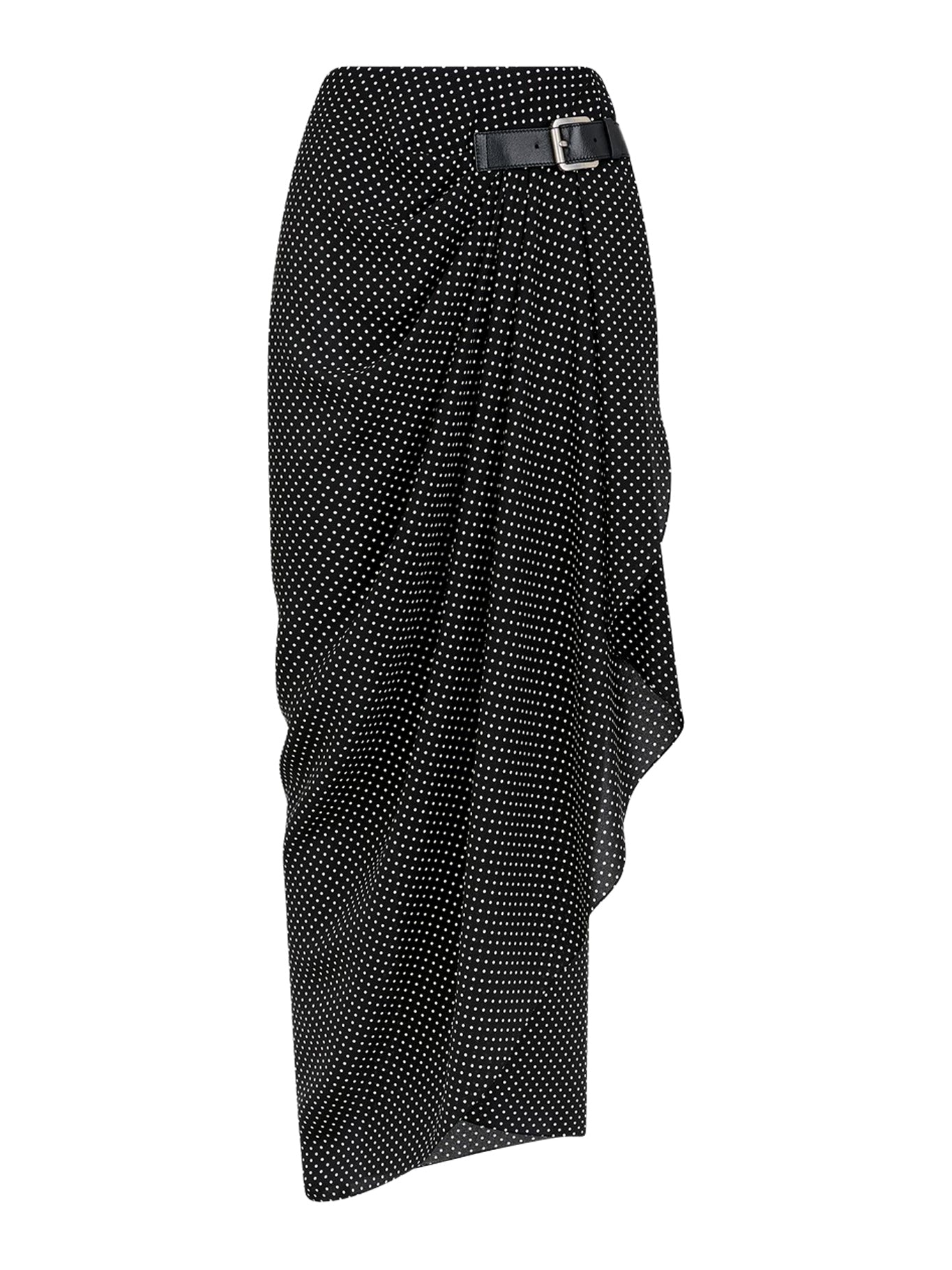 POLKA-DOT SABLE SILK WRAP SKIRT WITH LEATHER DETAIL