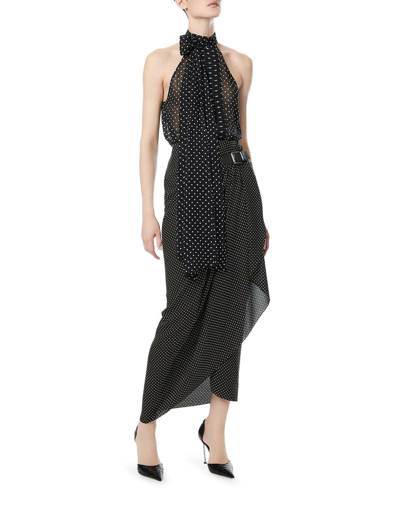 POLKA-DOT SABLE SILK WRAP SKIRT WITH LEATHER DETAIL