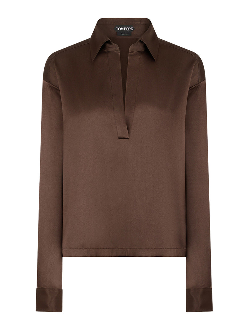 SILK SATIN BLOUSE WITH TF LOGO EMBROIDERED IN TONE-ON-TONE BROWN