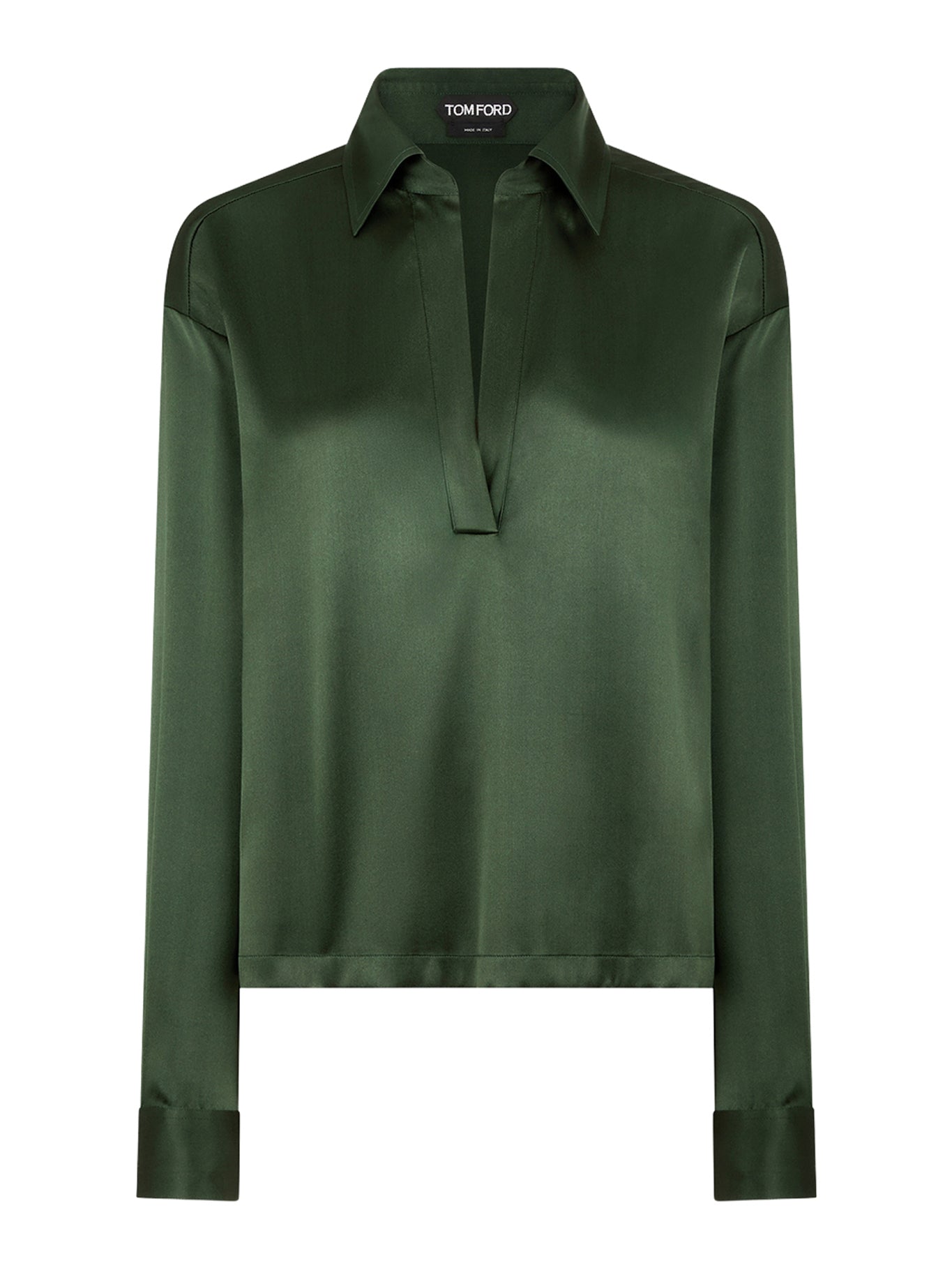 SILK SATIN BLOUSE WITH TF LOGO EMBROIDERED IN TONE-ON-TONE GREEN
