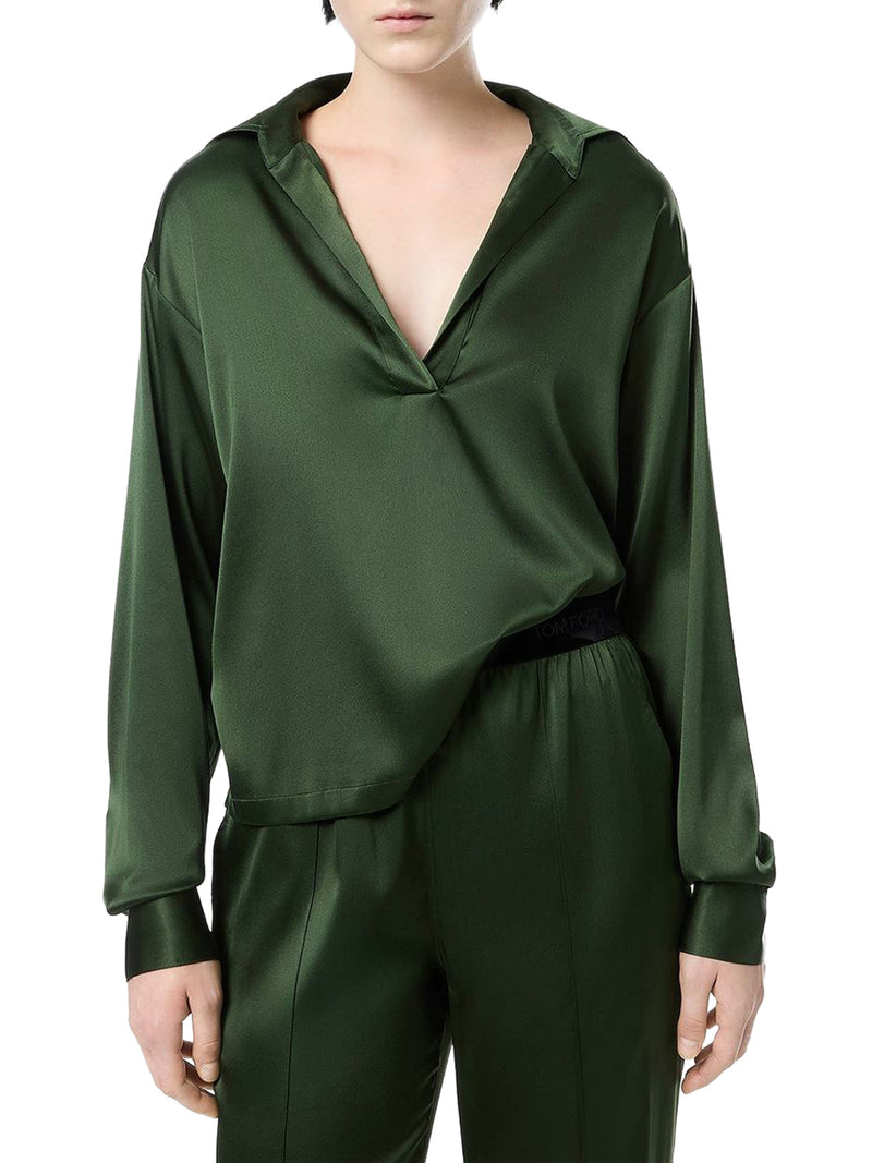 SILK SATIN BLOUSE WITH TF LOGO EMBROIDERED IN TONE-ON-TONE GREEN