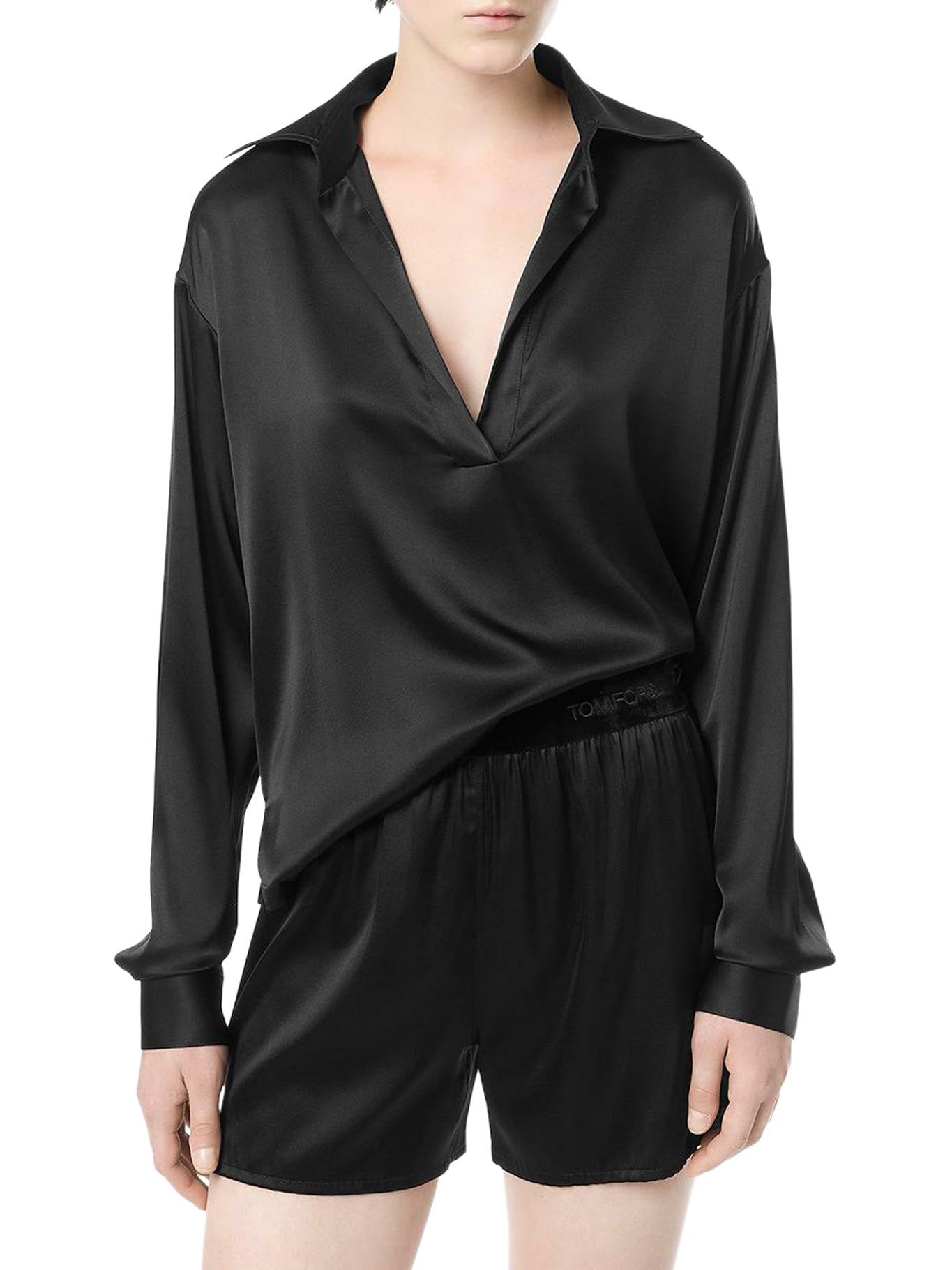 SILK SATIN BLOUSE WITH TF LOGO EMBROIDERED IN TONE-ON-TONE BLACK