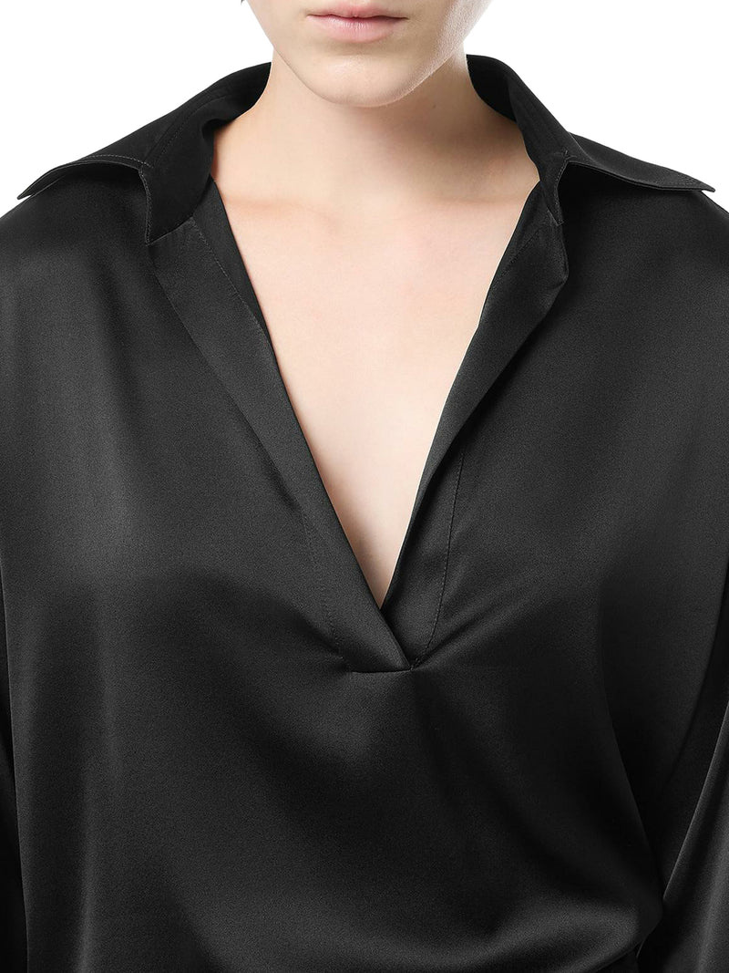SILK SATIN BLOUSE WITH TF LOGO EMBROIDERED IN TONE-ON-TONE BLACK