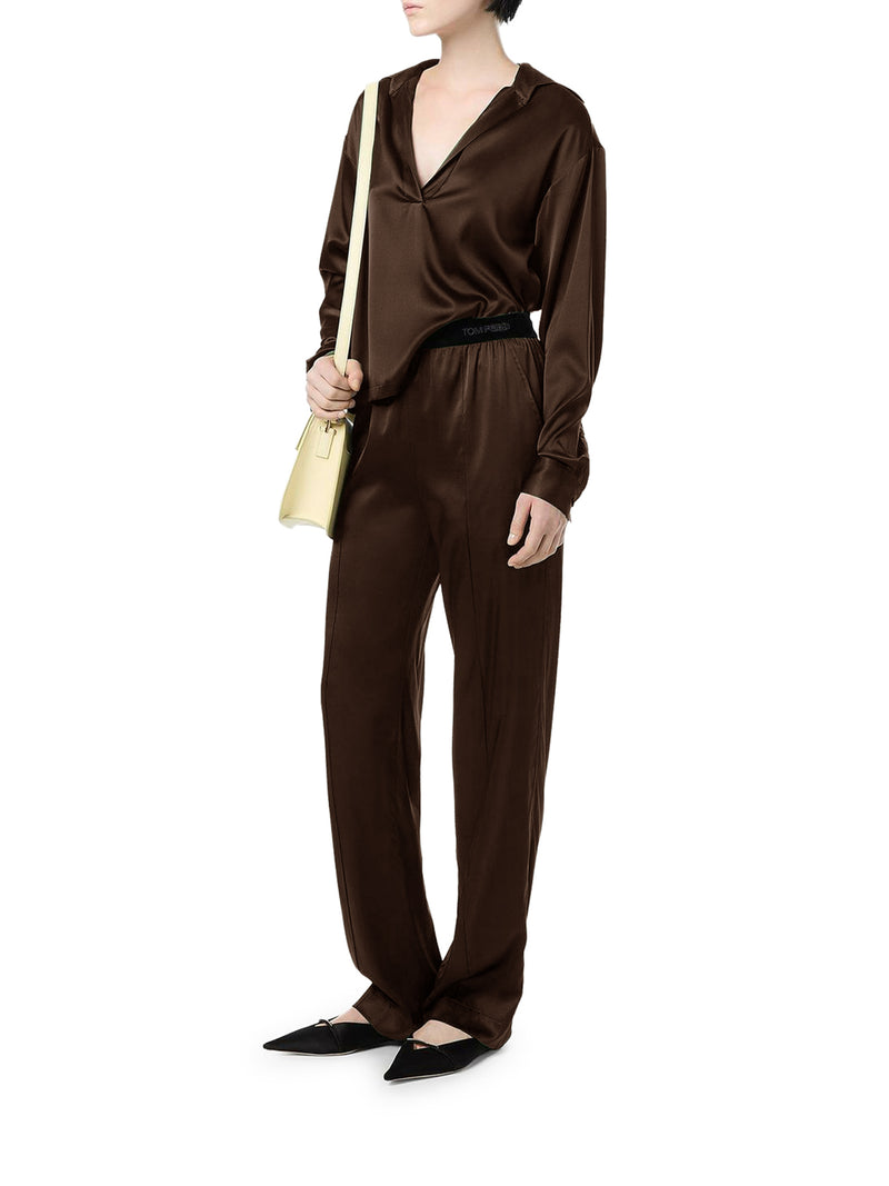 BROWN STRETCH SILK SATIN TROUSERS