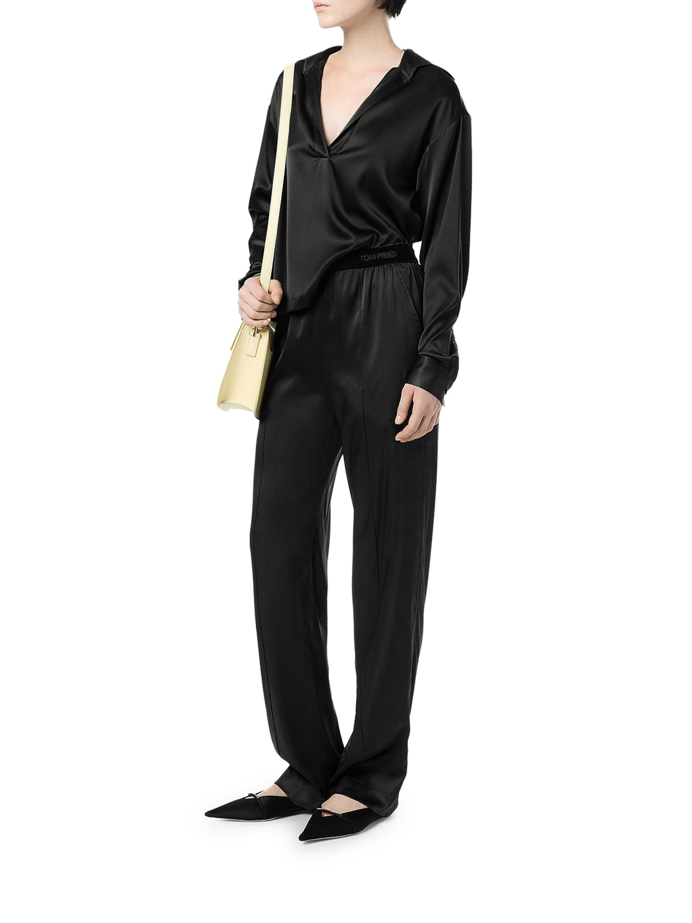 BLACK STRETCH SILK SATIN TROUSERS