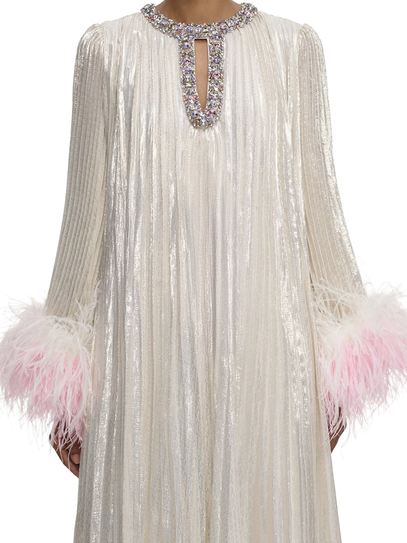 LONG METALLIC DRESS WITH FEATHERS