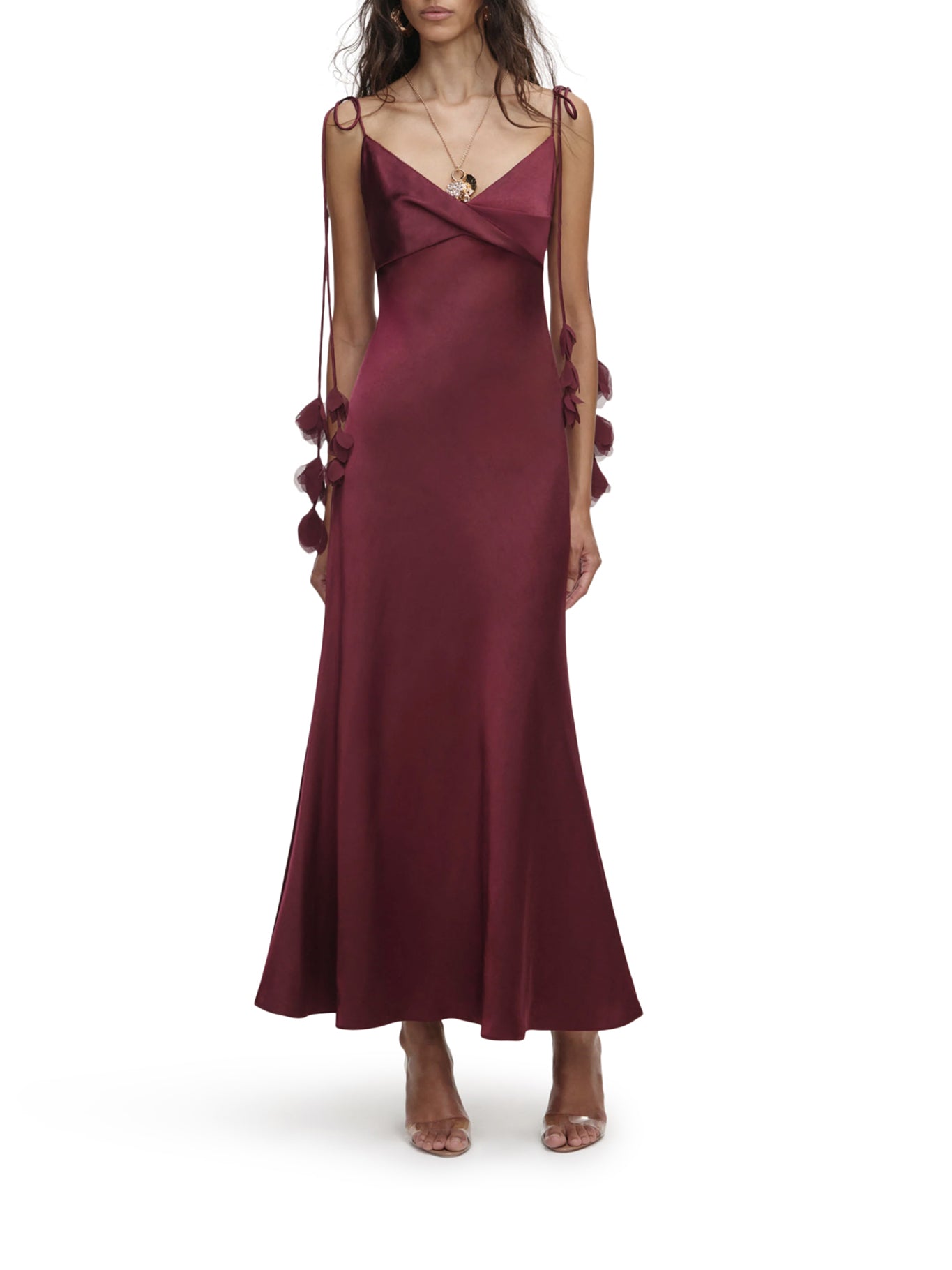 BURGUNDY SATIN FLOWER MIDI DRESS