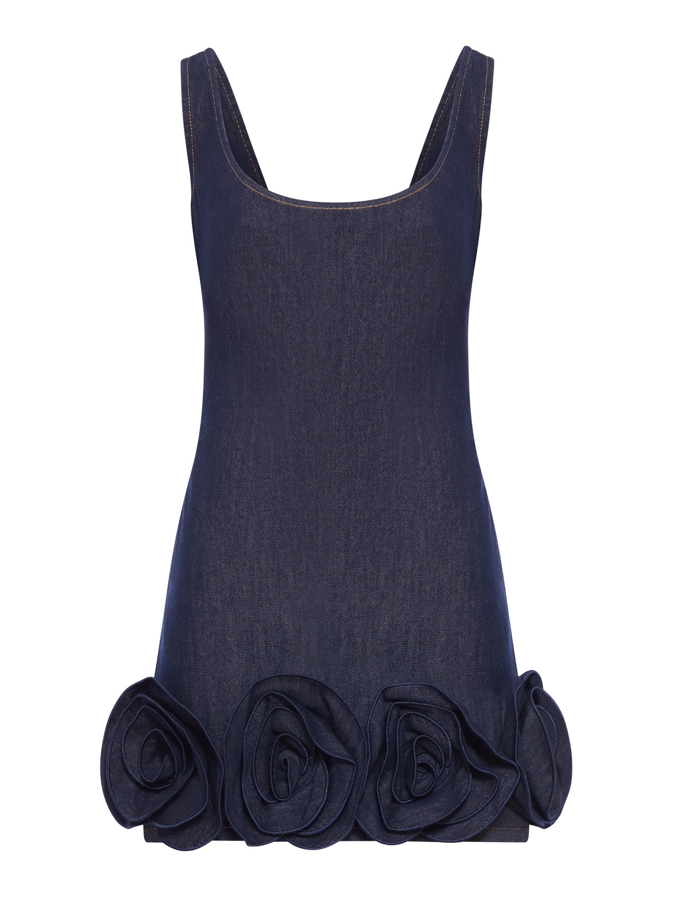 INDIGO DENIM MINI DRESS WITH 3D FLOWERS