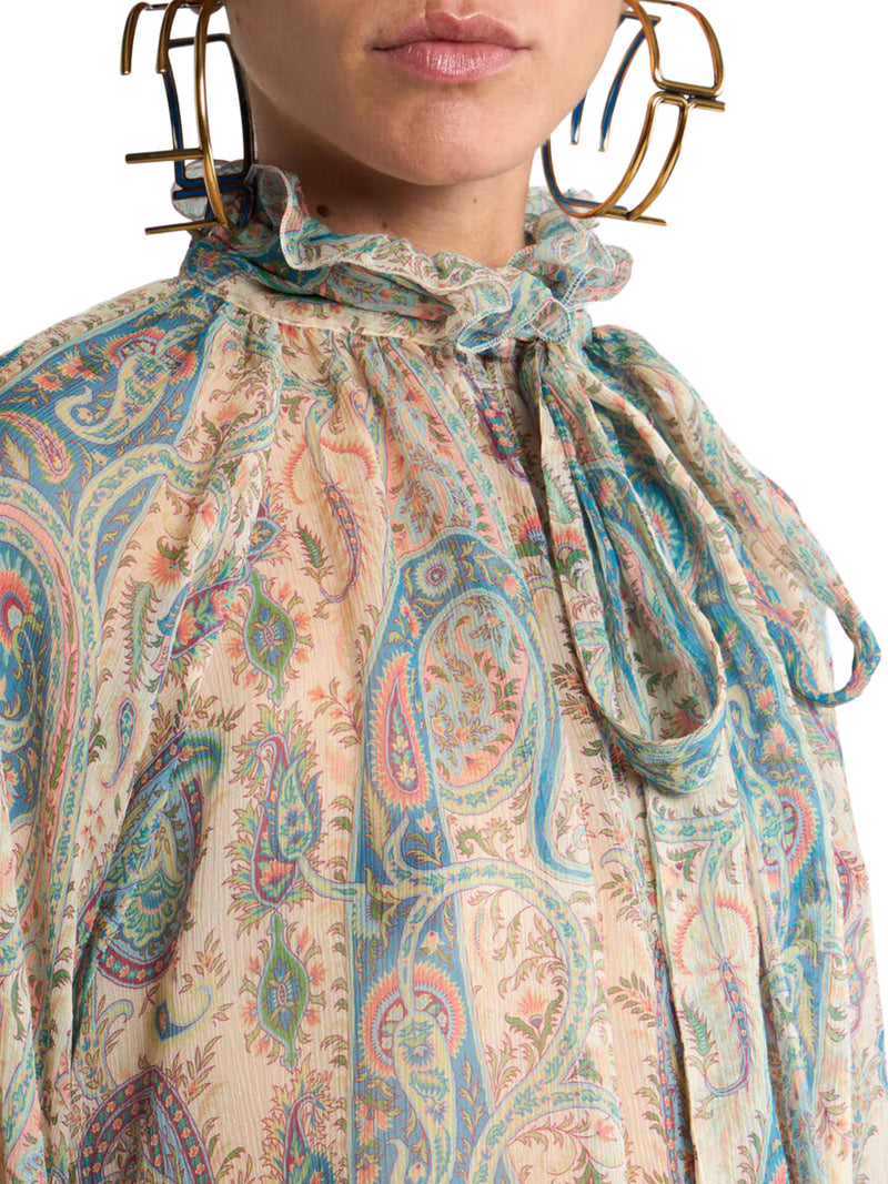 SILK CREPON BLOUSE WITH SCARF AND PAISLEY FOLIAGE MOTIF