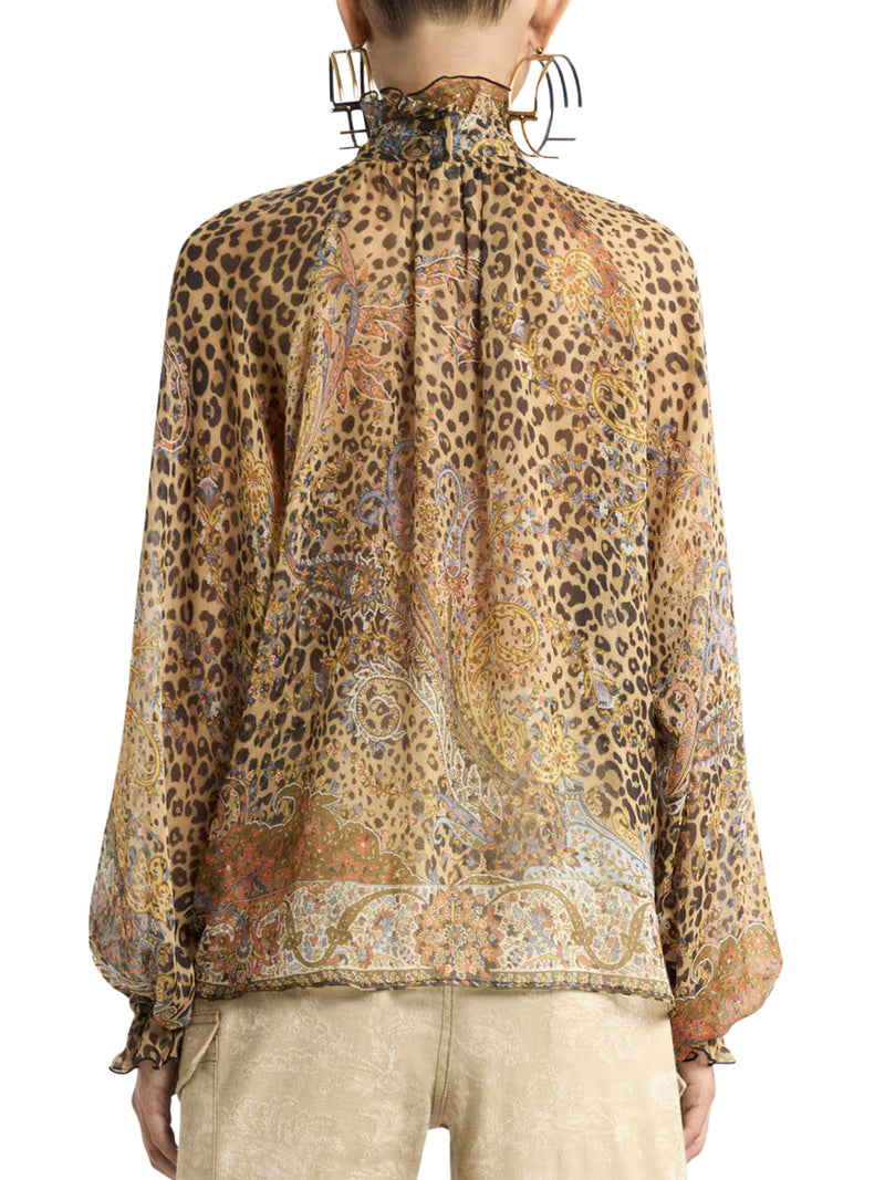 SILK CHIFFON BLOUSE WITH SCARF AND ANIMAL PAISLEY PATTERN