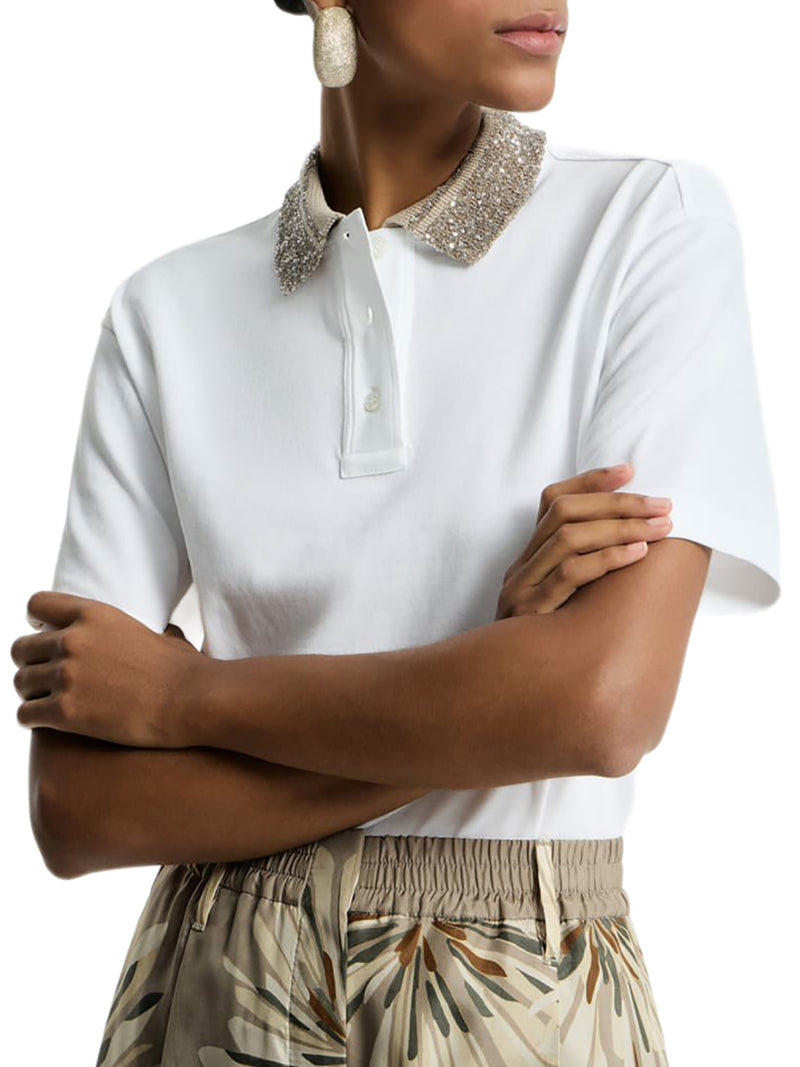 COTTON JERSEY POLO SHIRT WITH DAZZLING KNIT COLLAR