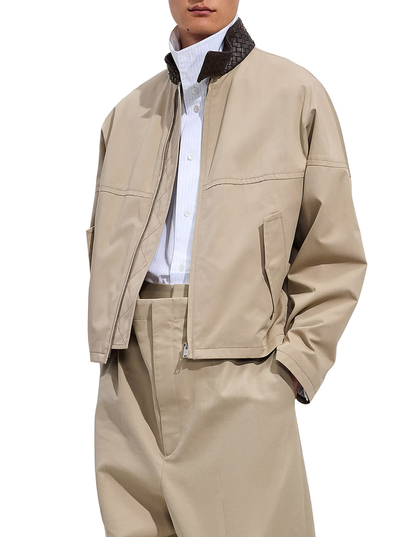 COTTON BLOUSON WITH WOVEN LEATHER COLLAR