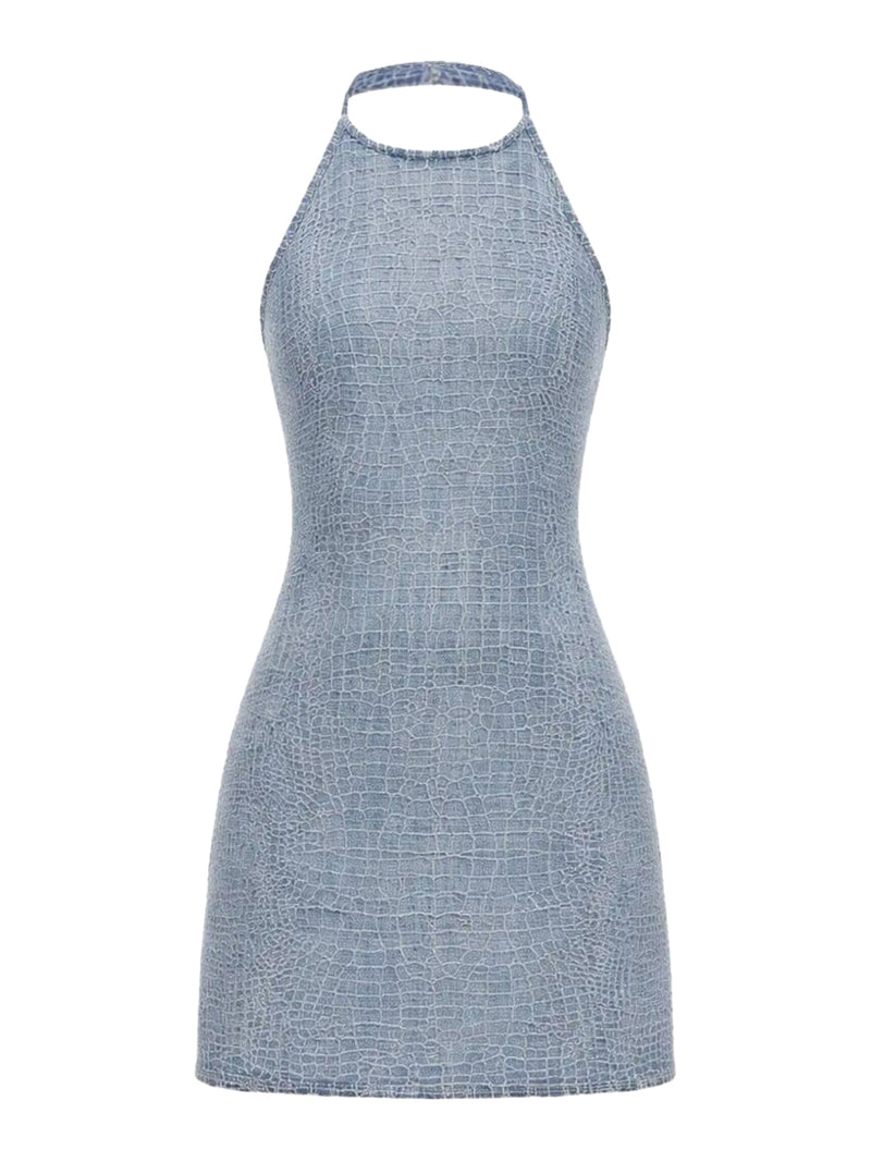 CROCODILE-EFFECT DENIM MINI DRESS WITH RHINESTONE