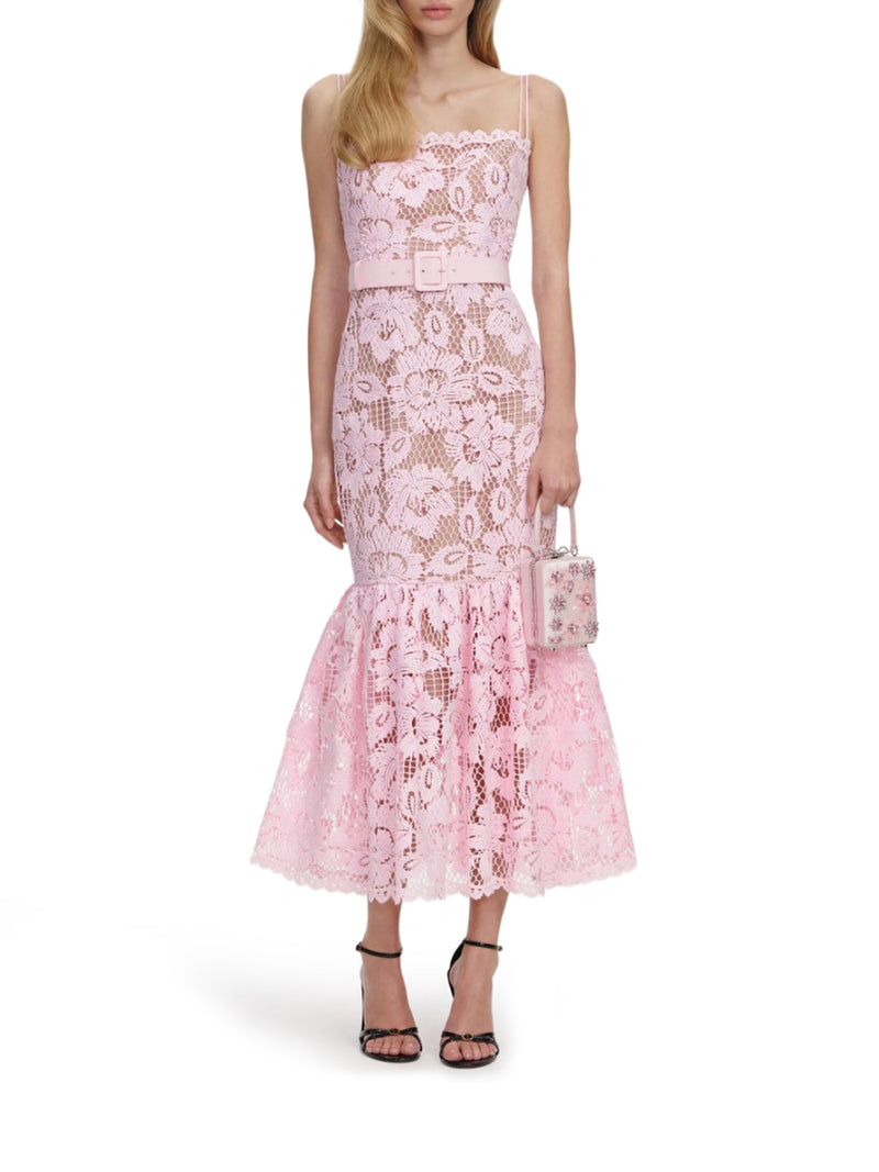 PINK CROCHET LACE MIDI DRESS