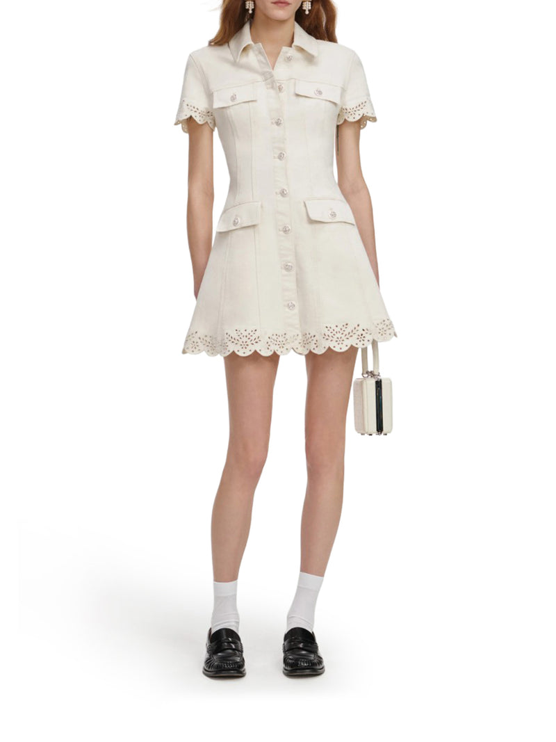 CREAM BRODERIE DENIM MINI DRESS