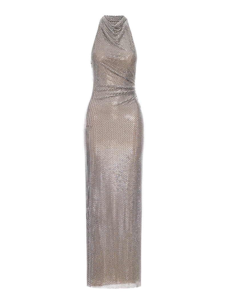 GREY RHINESTONE DRAPE MAXI DRESS