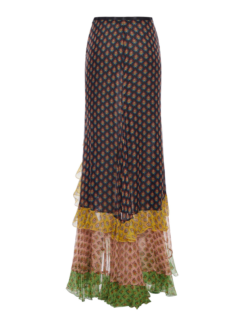 LONG PATCHWORK SILK SKIRT WITH RUFFLES
