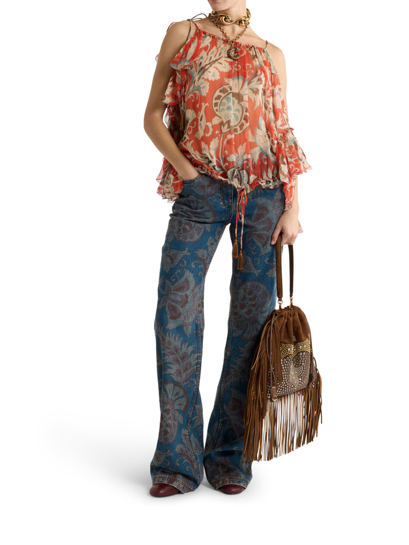 SINGLE-SLEEVED SILK TOP WITH FLORAL PATTERN