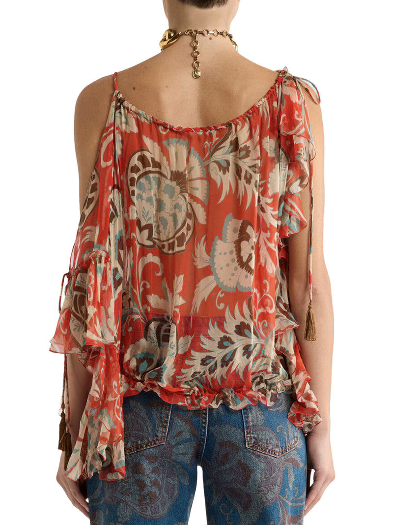 SINGLE-SLEEVED SILK TOP WITH FLORAL PATTERN