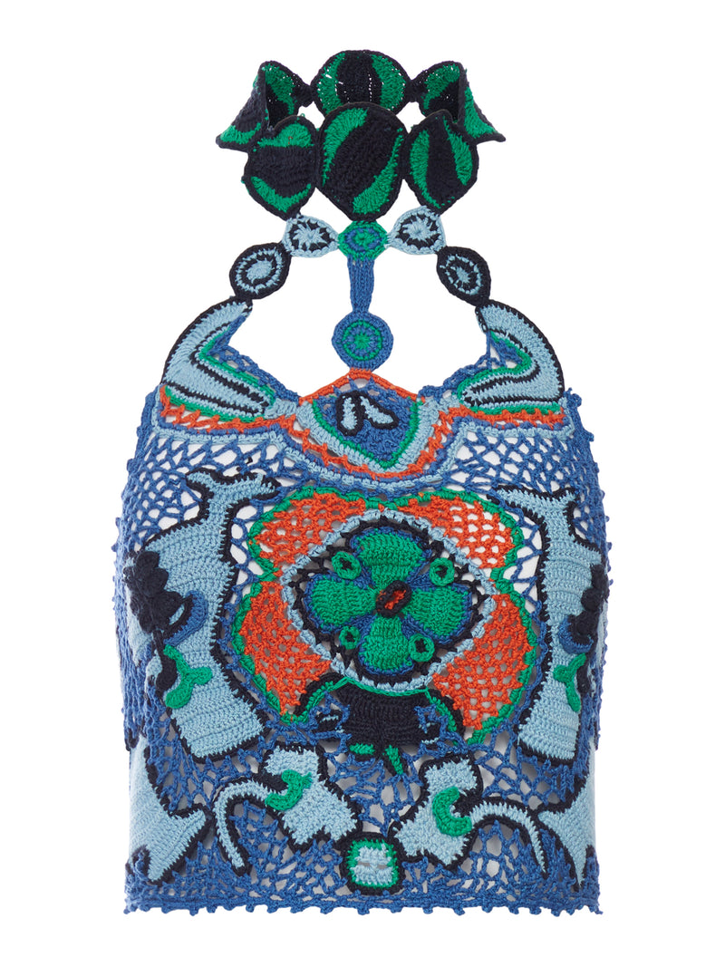 COTTON CROP TOP WITH CROCHET-EFFECT FLORAL PATTERN