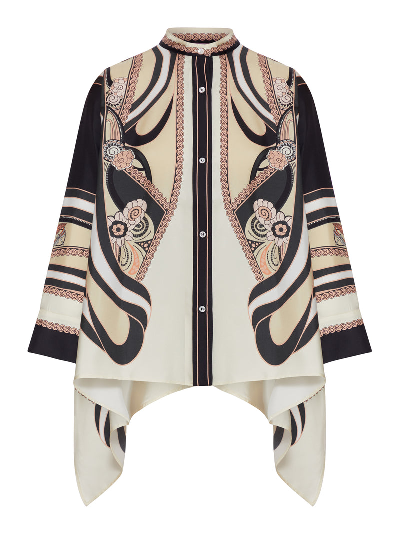 SILK SCARF SHIRT WITH GRAPHIC PRINT AND ASYMMETRIC BOTTOM